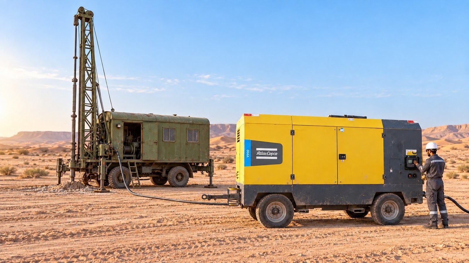 Передвижной компрессор Atlas Copco на буровой площадке